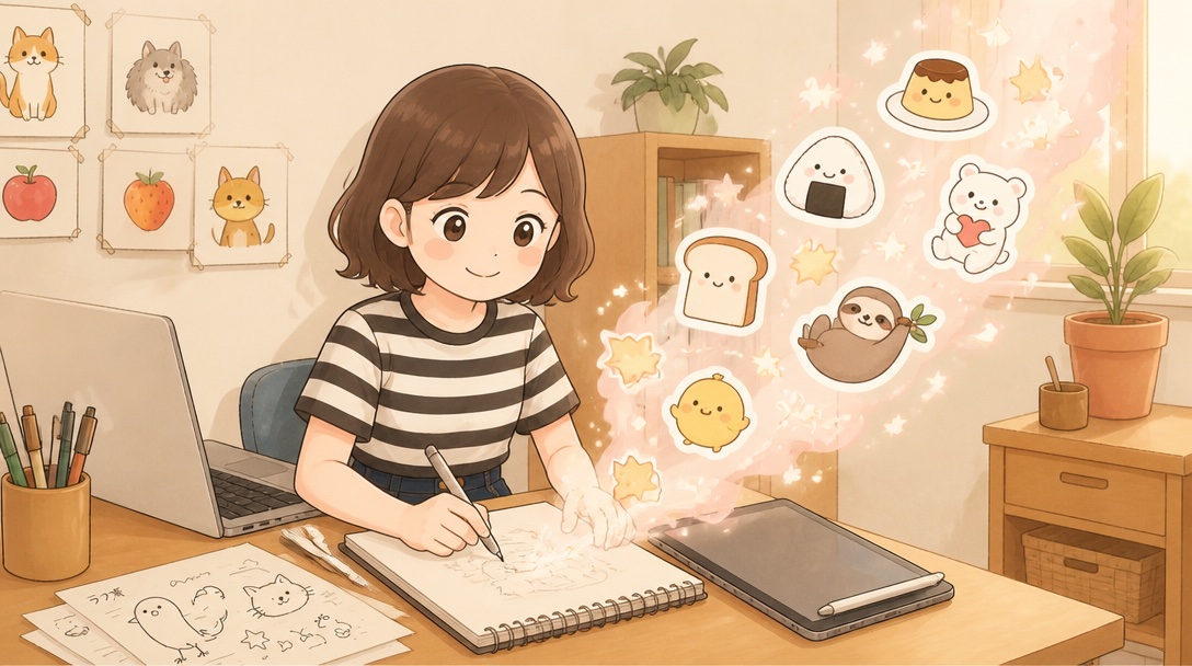 マナミが机でスケッチブックに描き、手元からゆるいスタンプのキャラクターたちが舞い上がって生まれていくイラスト